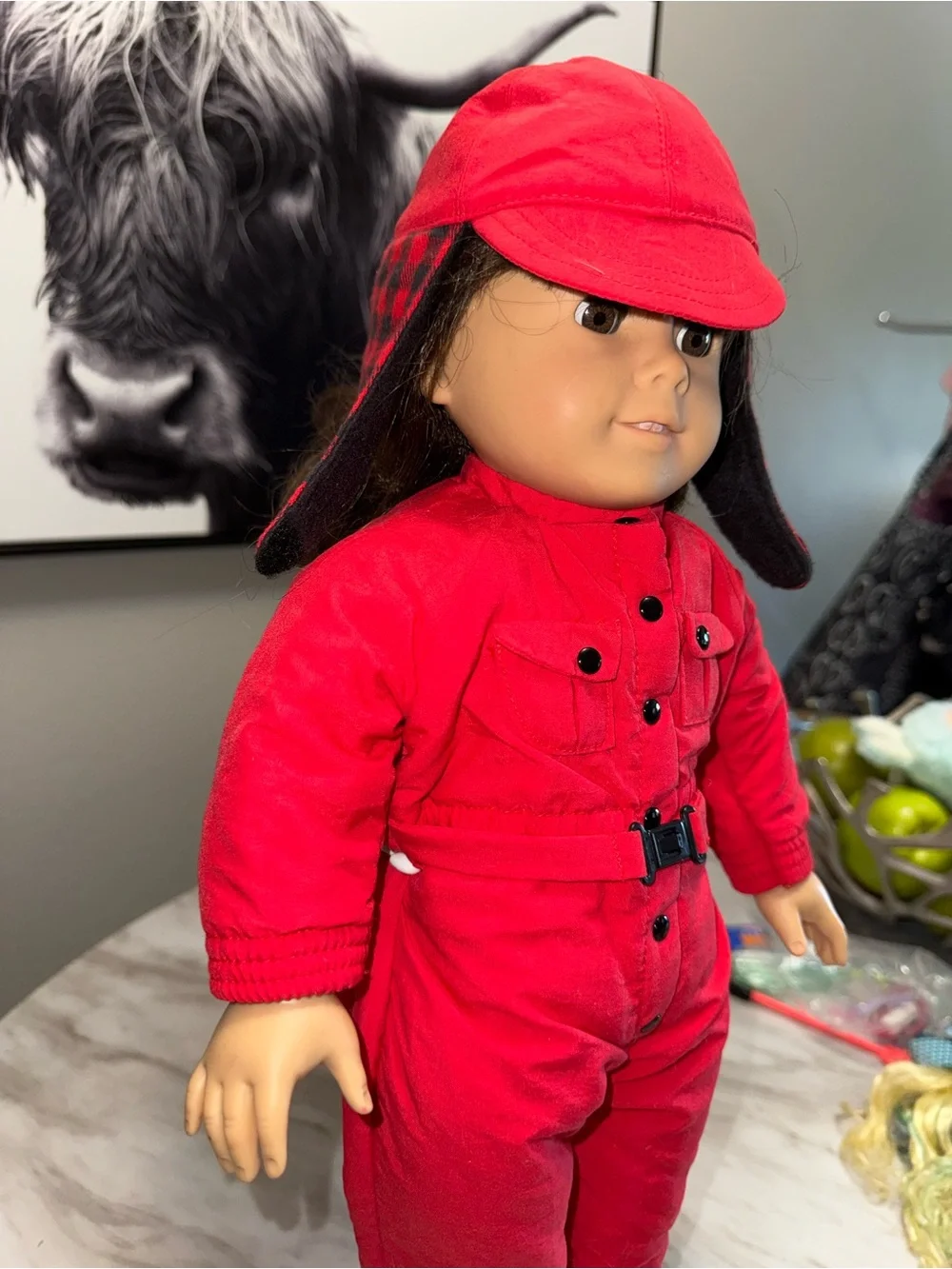 American Girl red snow suite & matching hat with plaid interior Molly’s collecti